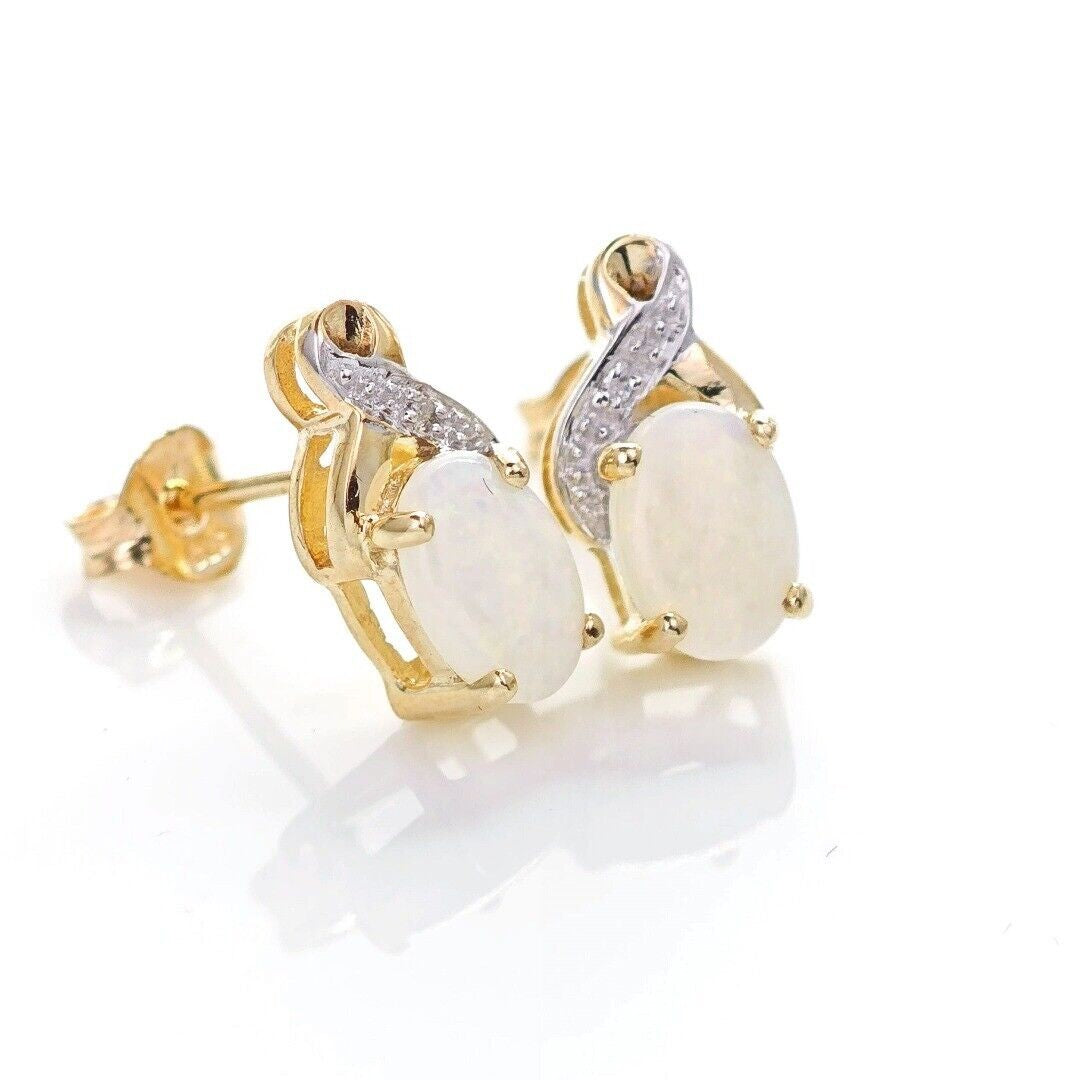 9ct Opal Diamond Earrings Gold Studs Natural White Gemstones 0.88ct