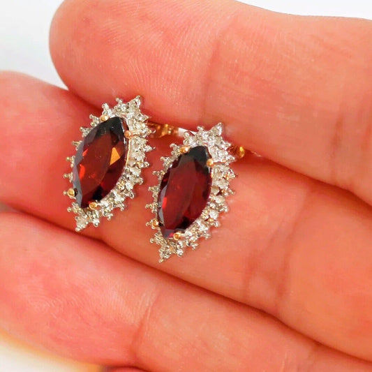 Garnet Diamond Stud Earrings in 9ct Gold