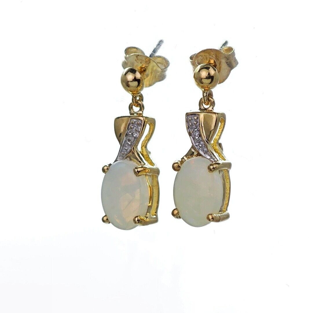 9ct Opal Diamond Drop Earrings Gold Natural White Gemstones 1.38ct