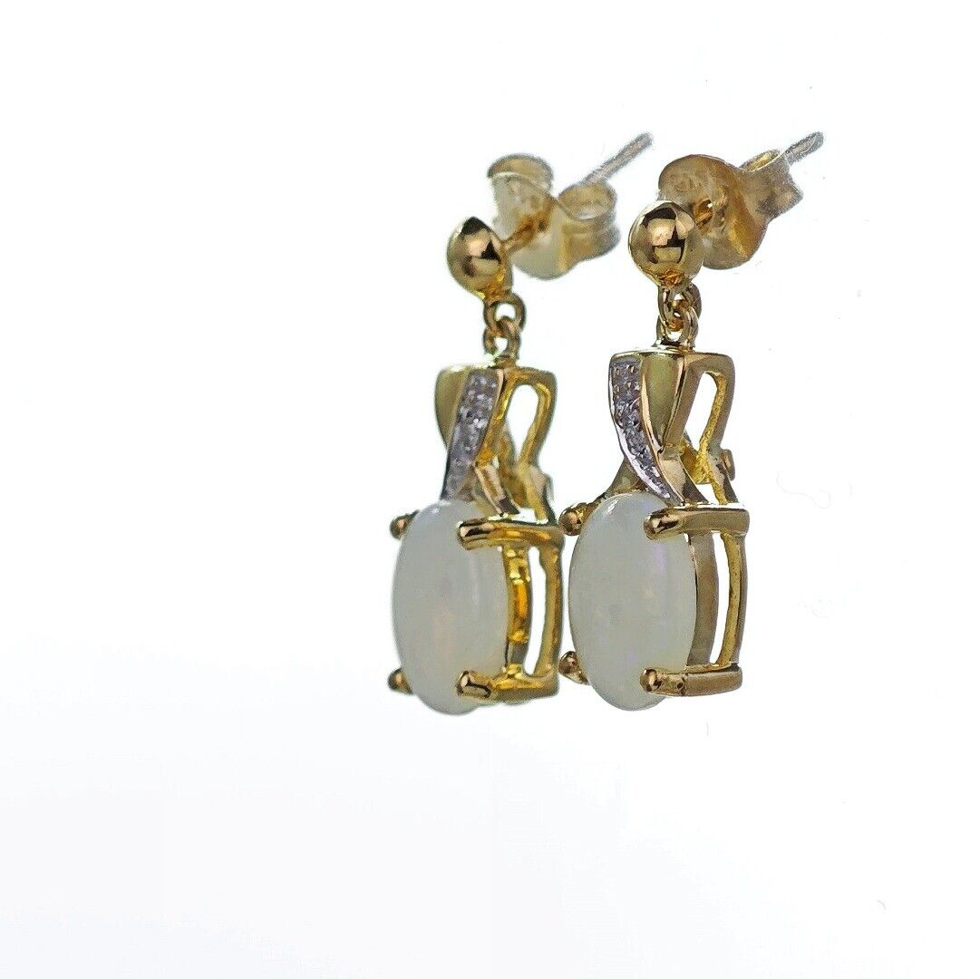 9ct Opal Diamond Drop Earrings Gold Natural White Gemstones 1.38ct