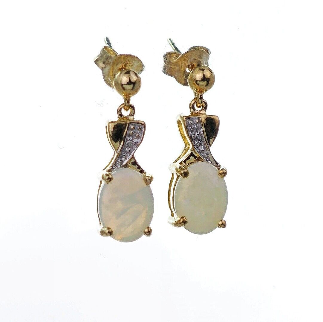 9ct Opal Diamond Drop Earrings Gold Natural White Gemstones 1.38ct
