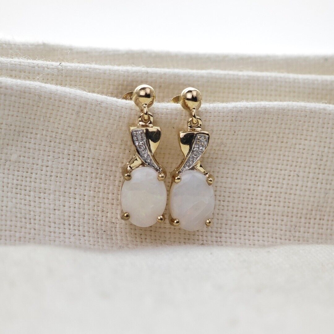 9ct Opal Diamond Drop Earrings Gold Natural White Gemstones 1.38ct