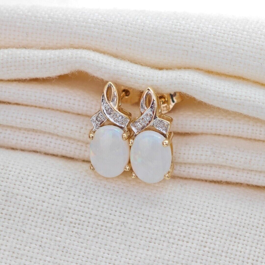 9ct Opal Diamond Earrings Gold Studs Natural White Gemstones1.38ct Boxed Gift