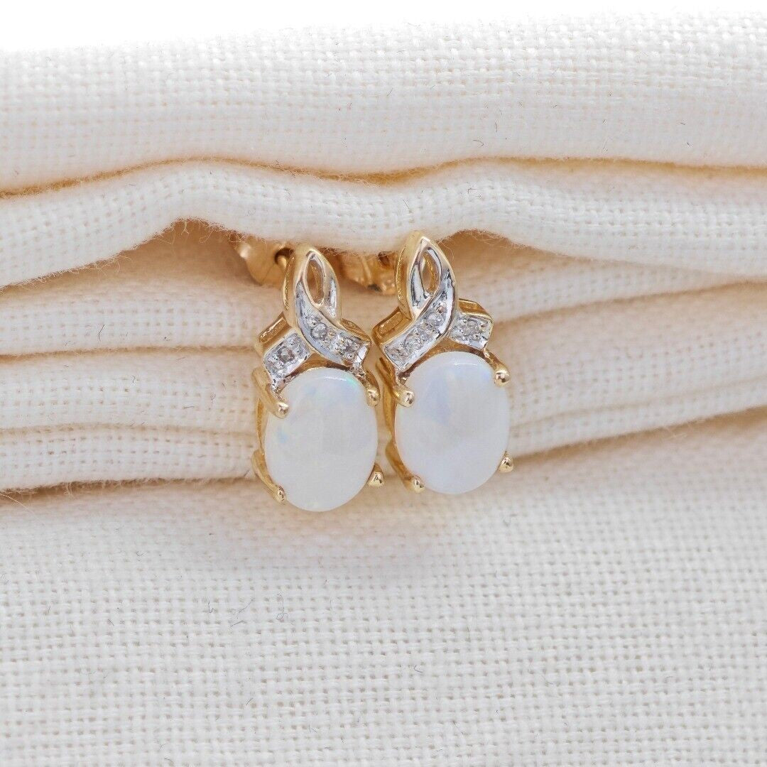 9ct Opal Diamond Earrings Gold Studs Natural White Gemstones1.38ct Boxed Gift