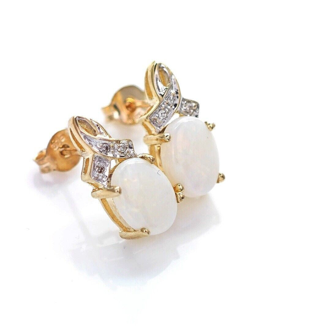 9ct Opal Diamond Earrings Gold Studs Natural White Gemstones1.38ct Boxed Gift