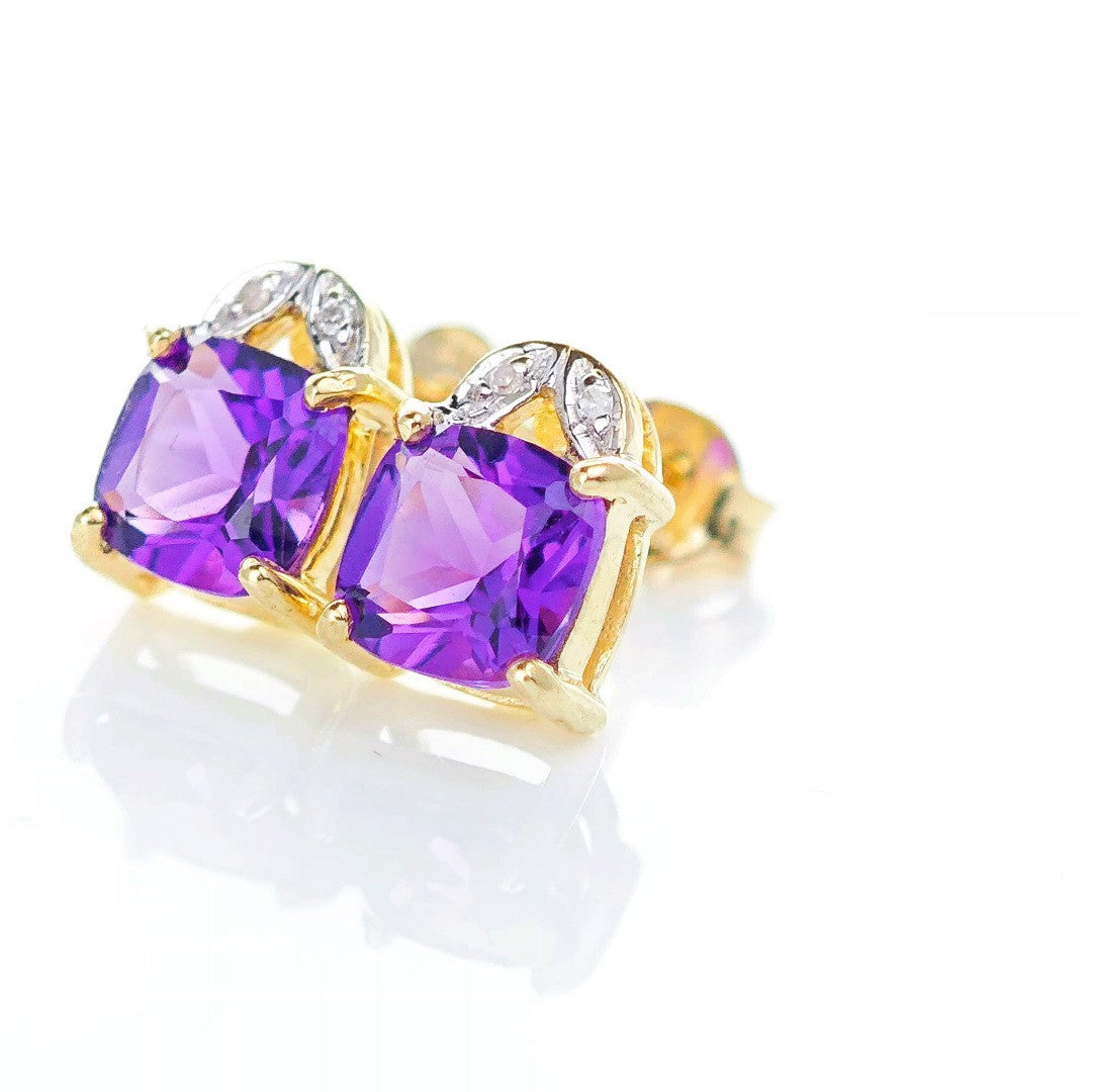 9ct Amethyst Diamond Earrings Gold Studs Natural Purple Cushion Gemstones1.90ct