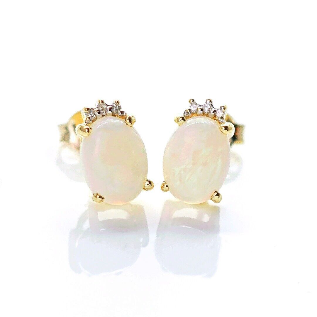 9ct Opal Diamond Earrings Gold Studs Natural white Gemstones 1.29ct Boxed Gift