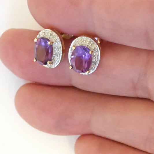 Amethyst Oval Diamond Earrings in 9ct Gold