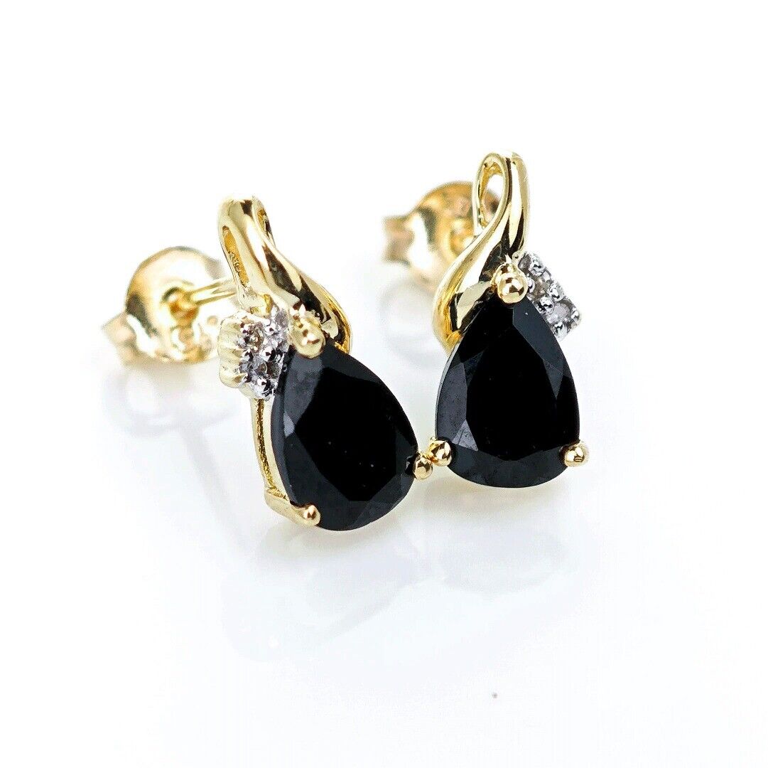 9ct Black Onyx Diamond Earrings Gold Studs Natural Gemstones 1.5ct