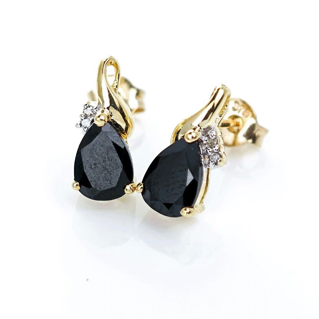 9ct Black Onyx Diamond Earrings Gold Studs Natural Gemstones 1.5ct