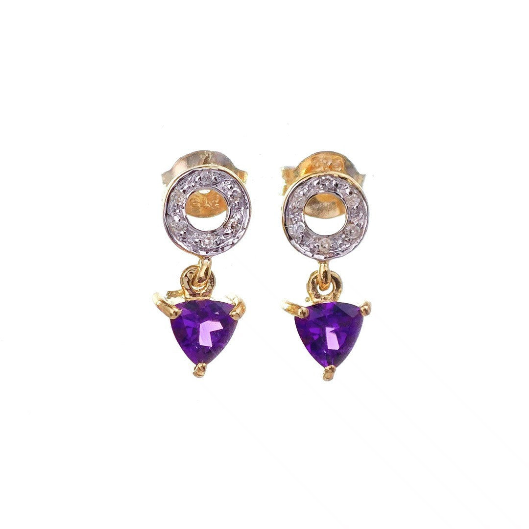 9ct Amethyst Diamond Earrings Gold Studs Natural Gemstones 0.88ct