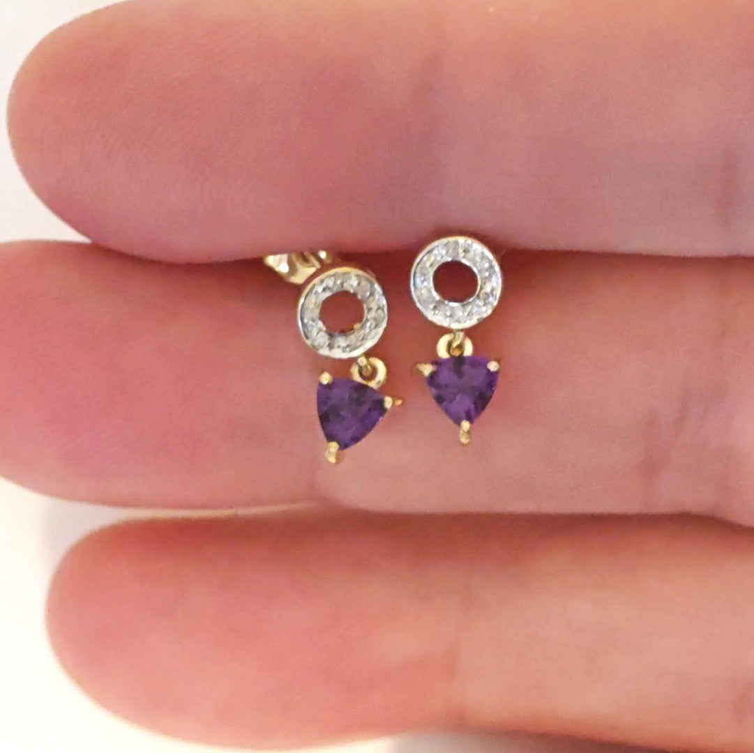 9ct Amethyst Diamond Earrings Gold Studs Natural Gemstones 0.88ct