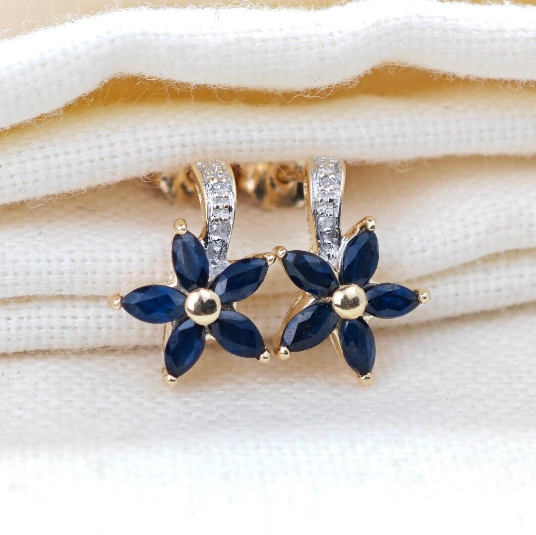 9ct Sapphire Diamond Earrings Gold Flower Studs Natural Blue Gemstones 0.88ct