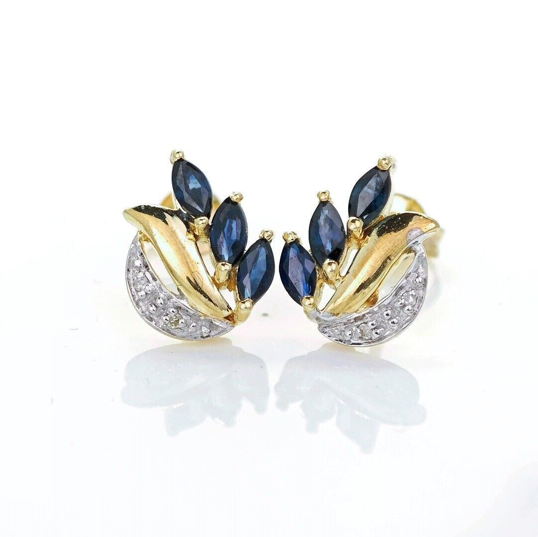 9ct Sapphire Diamond Earrings Gold Studs Natural Blue Gemstones 0.65ct