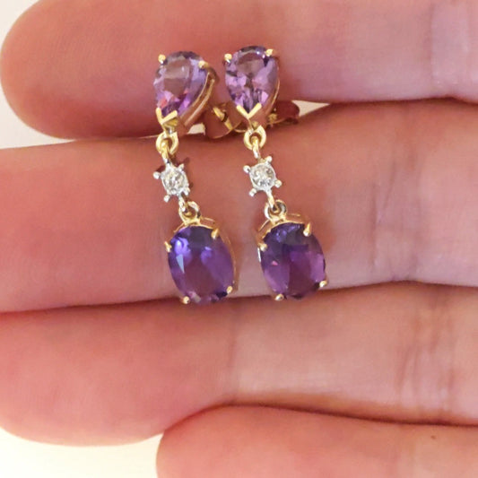 Amethyst Diamond Dangle Earrings in 9ct Gold