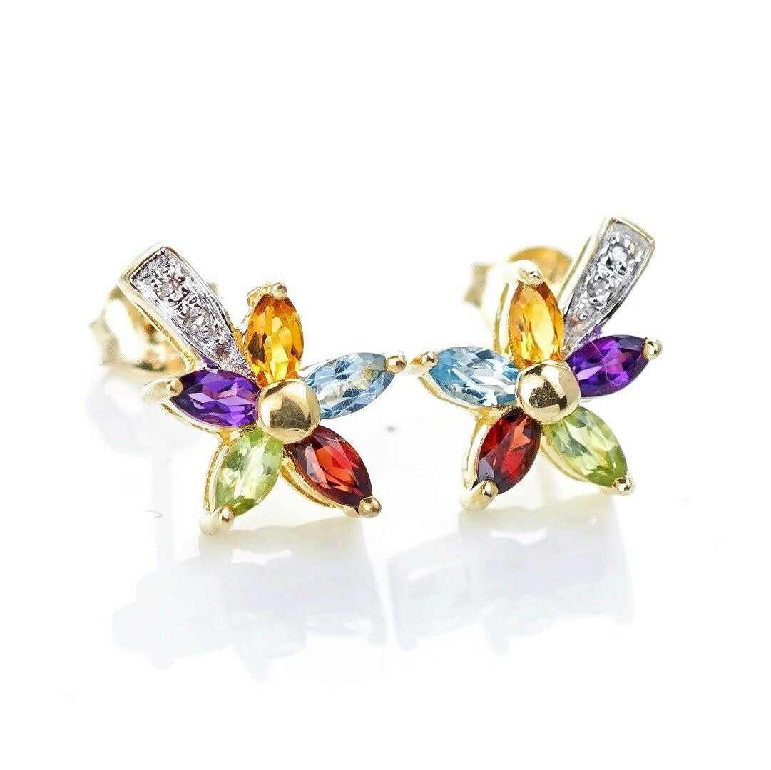 9ct Gold Flower Earrings Studs Natural Gemstones 0.78ct Boxed Gift