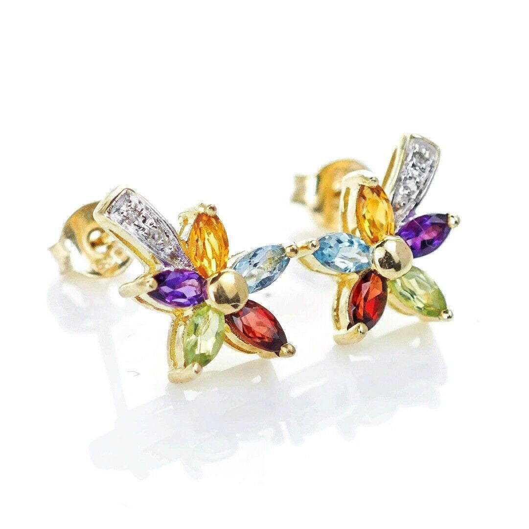 9ct Gold Flower Earrings Studs Natural Gemstones 0.78ct Boxed Gift