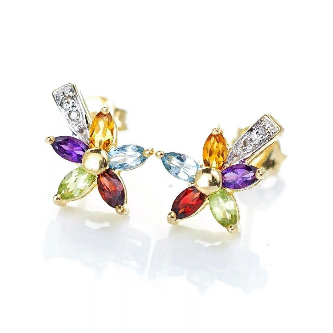 9ct Gold Flower Earrings Studs Natural Gemstones 0.78ct Boxed Gift