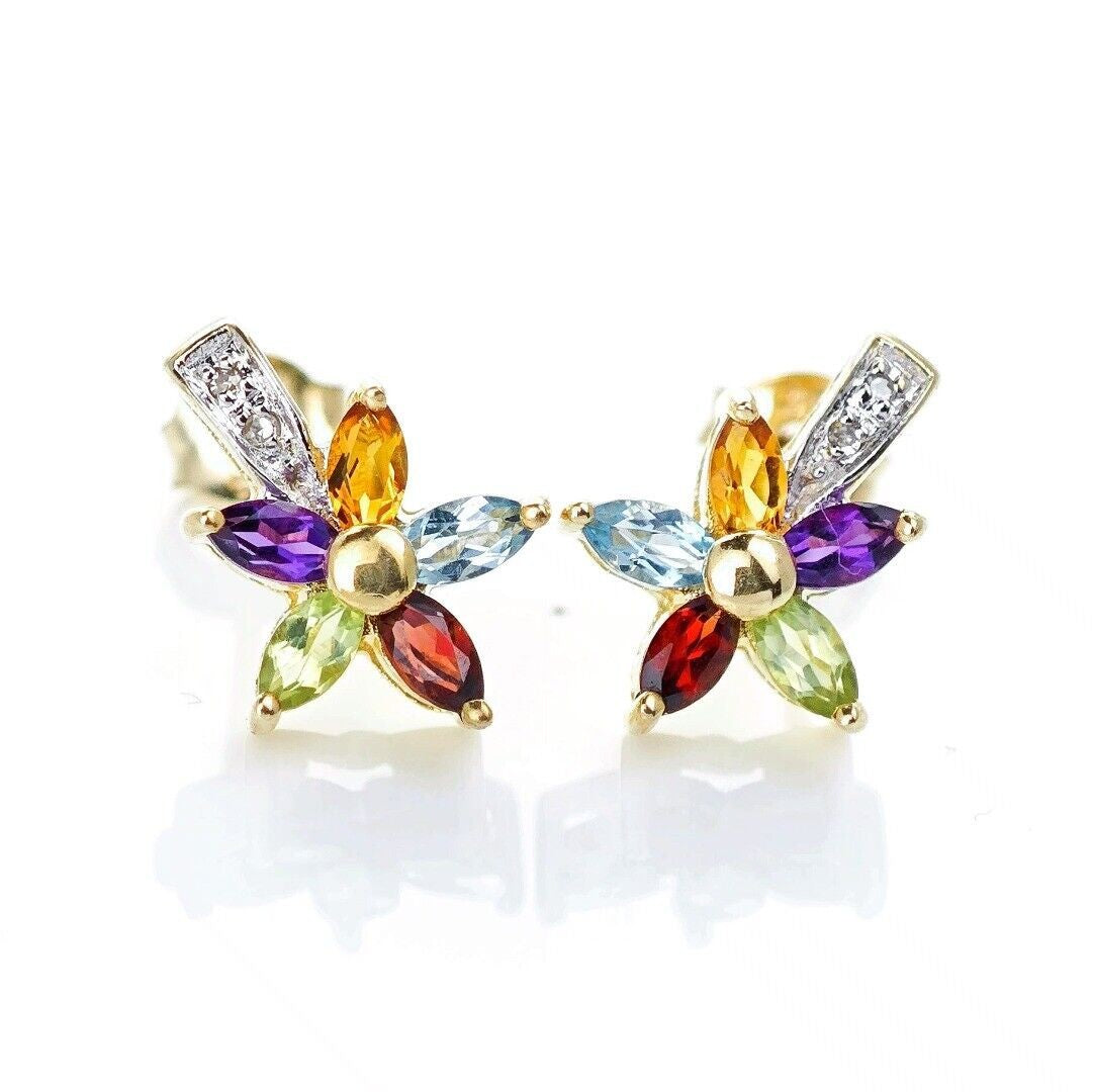 9ct Gold Flower Earrings Studs Natural Gemstones 0.78ct Boxed Gift