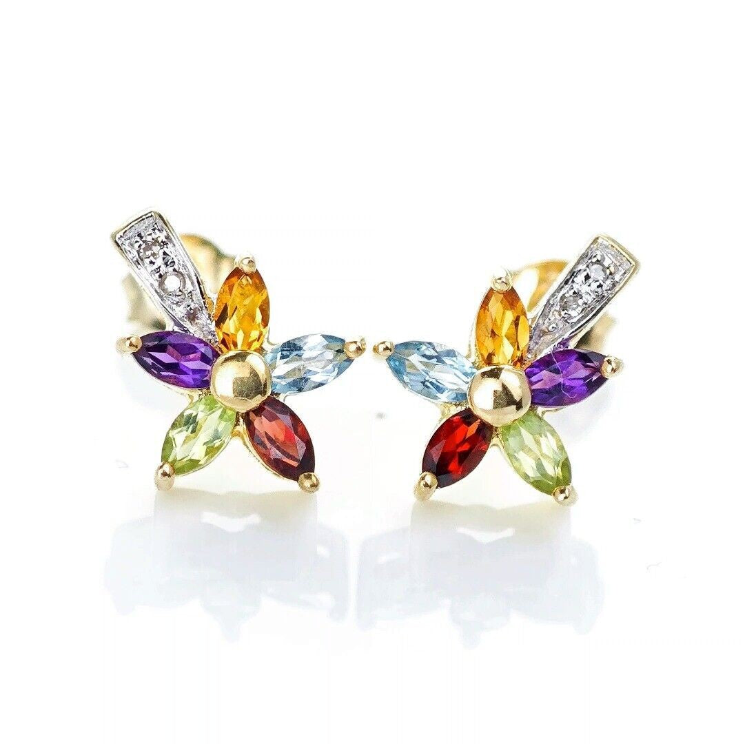 9ct Gold Flower Earrings Studs Natural Gemstones 0.78ct Boxed Gift