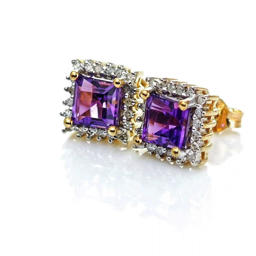 9ct Amethyst Diamond Earrings Gold Studs Natural Gemstones 1.32ct Hallmarked