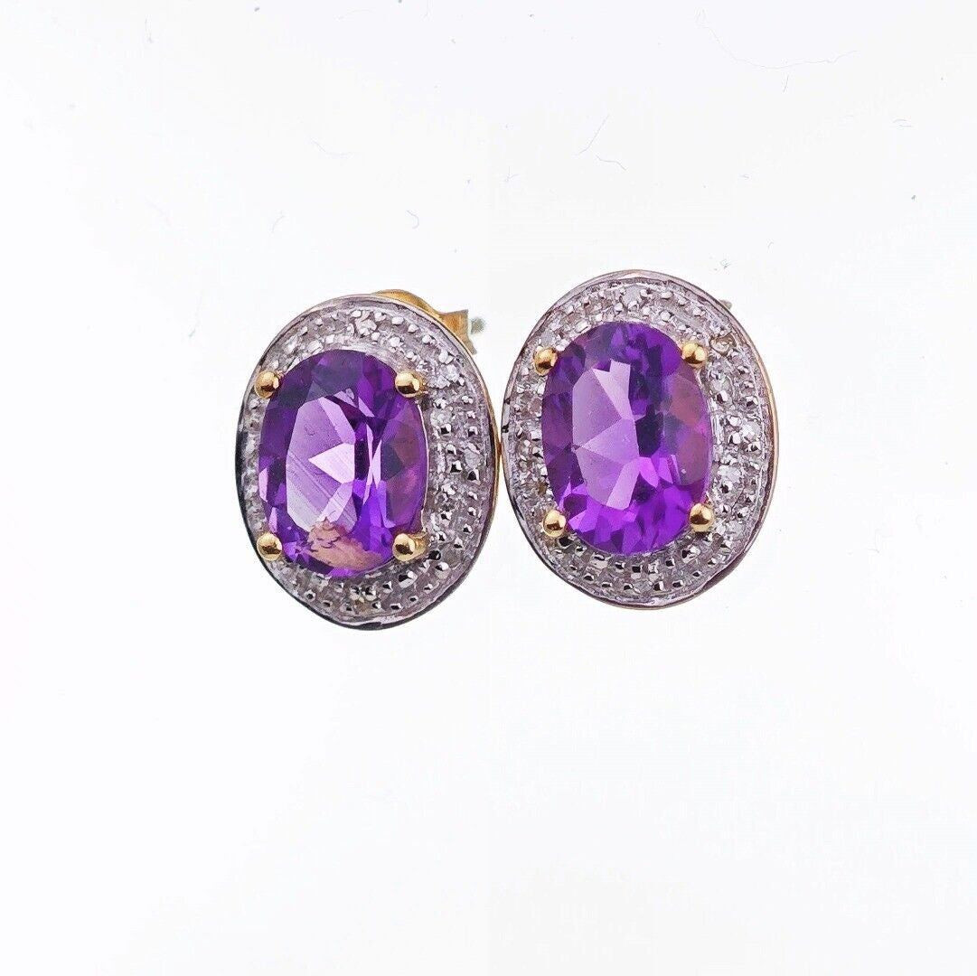 9ct Amethyst Diamond Earrings Gold Studs Natural Gemstones 2.2ct Hallmarked