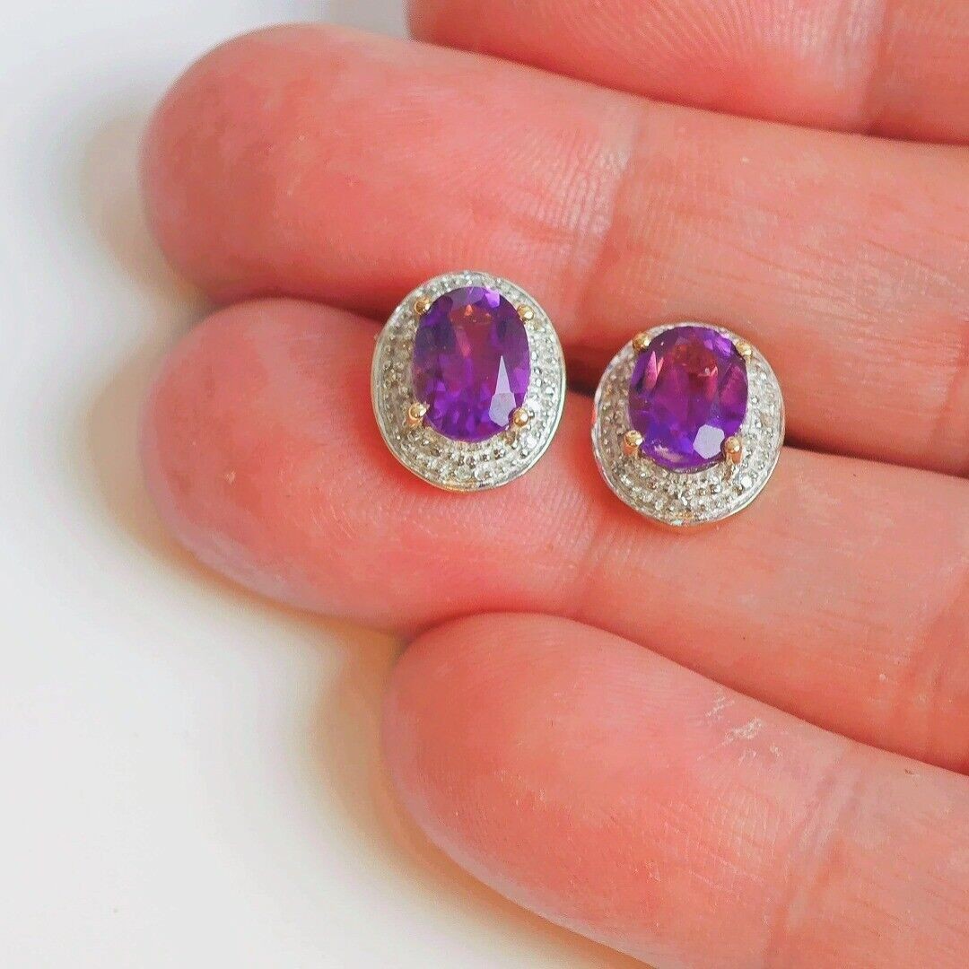 9ct Amethyst Diamond Earrings Gold Studs Natural Gemstones 2.2ct Hallmarked