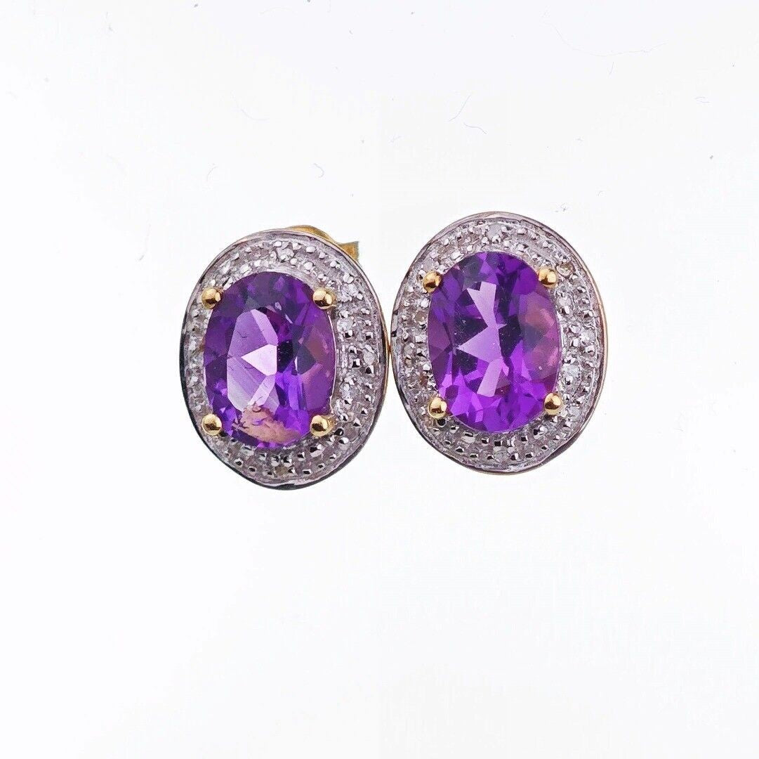 9ct Amethyst Diamond Earrings Gold Studs Natural Gemstones 2.2ct Hallmarked