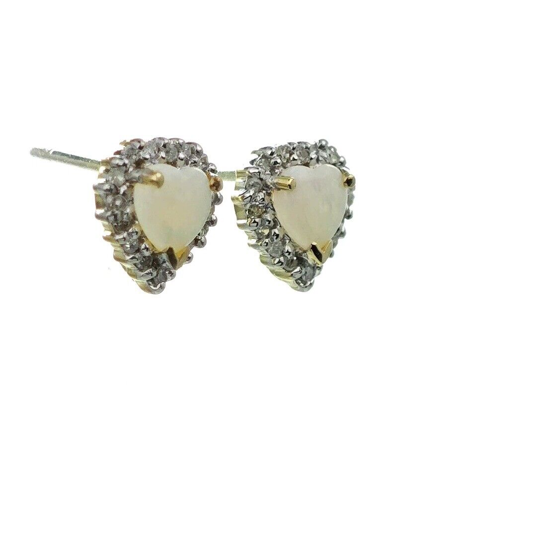 9ct Opal Diamond Earrings Heart Gold Studs Natural White Gemstones 0.54ct