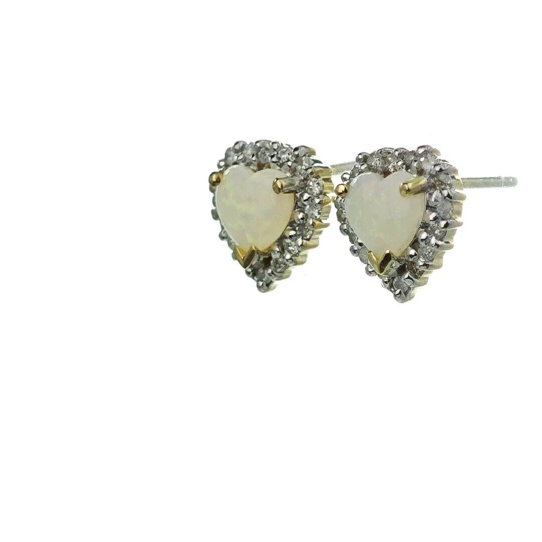 9ct Opal Diamond Earrings Heart Gold Studs Natural White Gemstones 0.54ct