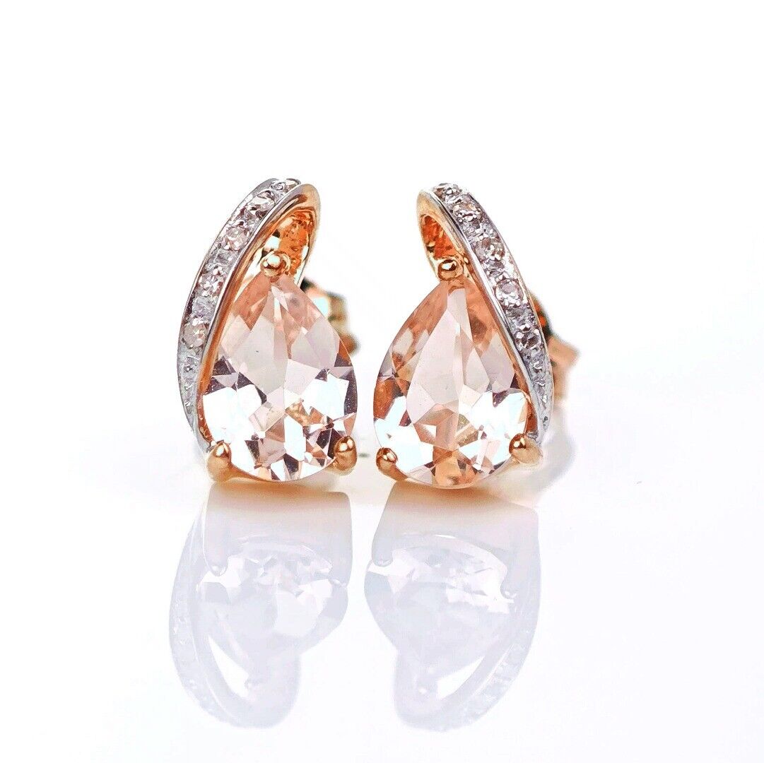 9ct Morganite Diamond Earrings Rose Gold Studs Natural Pink Gemstones 1.27ct