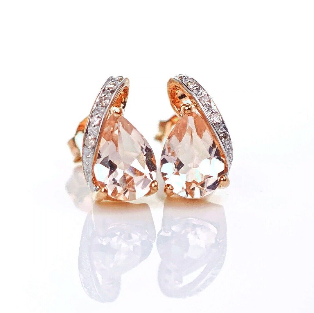 9ct Morganite Diamond Earrings Rose Gold Studs Natural Pink Gemstones 1.27ct