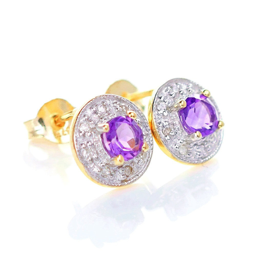9ct Amethyst Diamond Earrings Gold Studs Natural Round Purple Gemstones 0.46ct