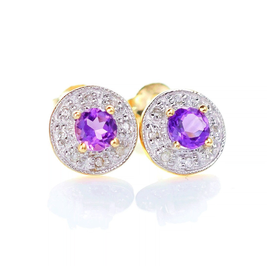 9ct Amethyst Diamond Earrings Gold Studs Natural Round Purple Gemstones 0.46ct