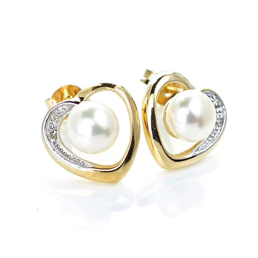9ct Fresh Water Pearl Diamond Heart Earrings Gold Studs Natural Gemstones