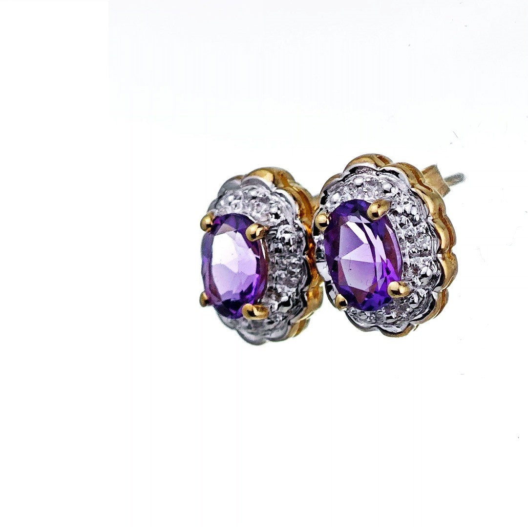9ct Amethyst Diamond Earrings Gold Studs Natural Gemstones1.3ct Hallmarked