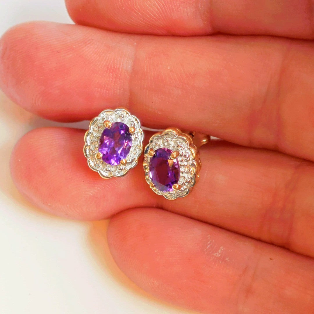 9ct Amethyst Diamond Earrings Gold Studs Natural Gemstones1.3ct Hallmarked