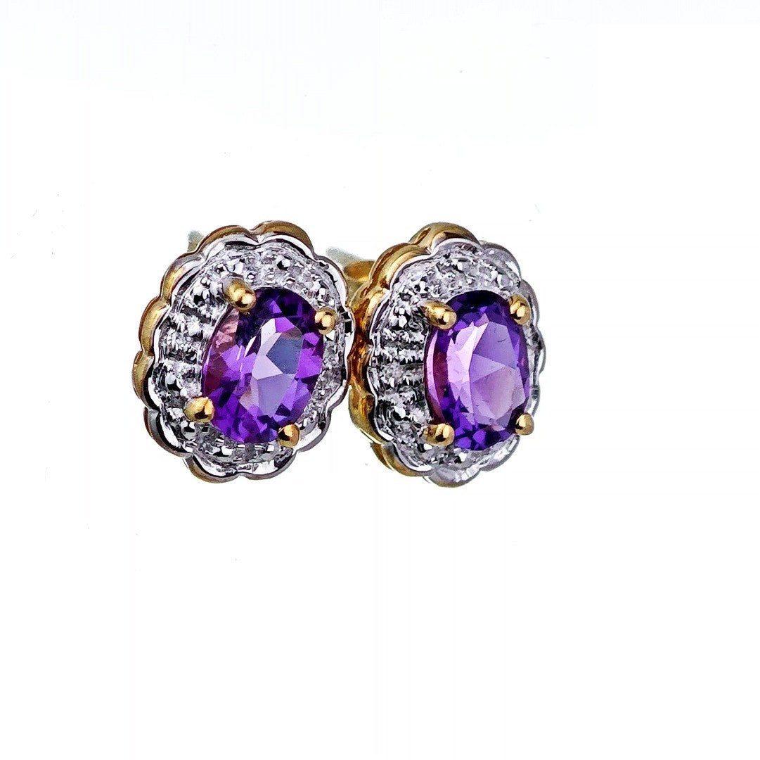 9ct Amethyst Diamond Earrings Gold Studs Natural Gemstones1.3ct Hallmarked