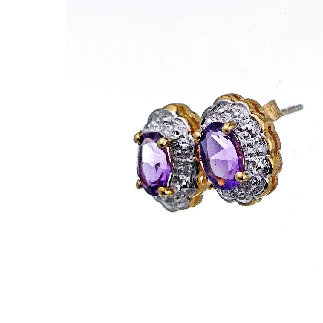 9ct Amethyst Diamond Earrings Gold Studs Natural Gemstones1.3ct Hallmarked