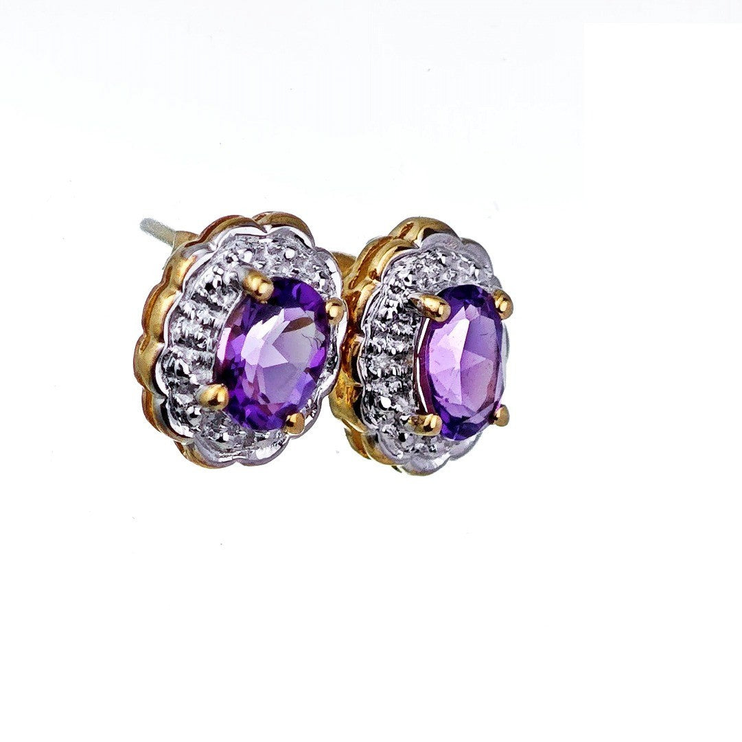 9ct Amethyst Diamond Earrings Gold Studs Natural Gemstones1.3ct Hallmarked