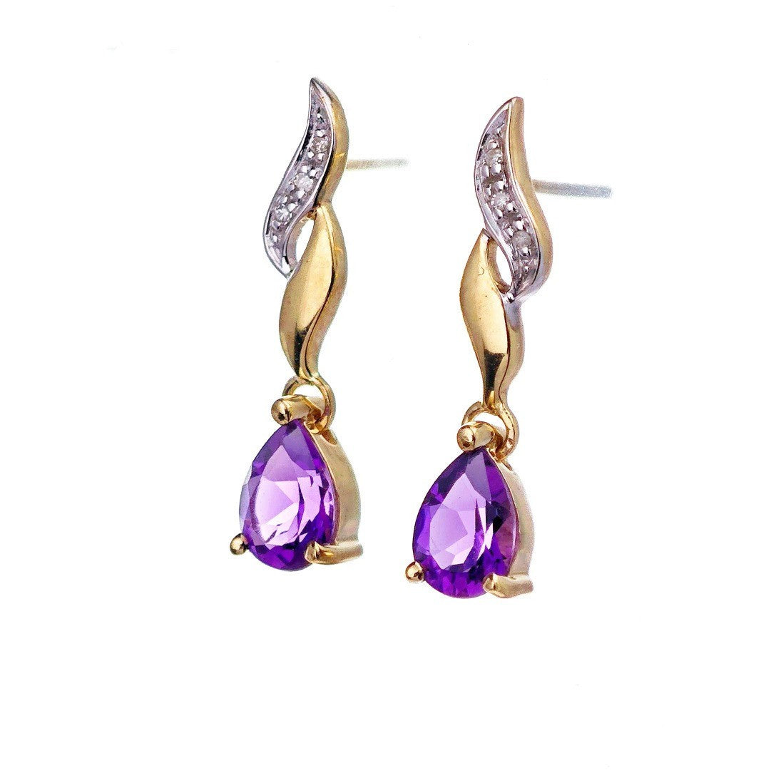 9ct Amethyst Diamond Earrings Gold Studs Natural Gemstones 1.24ct