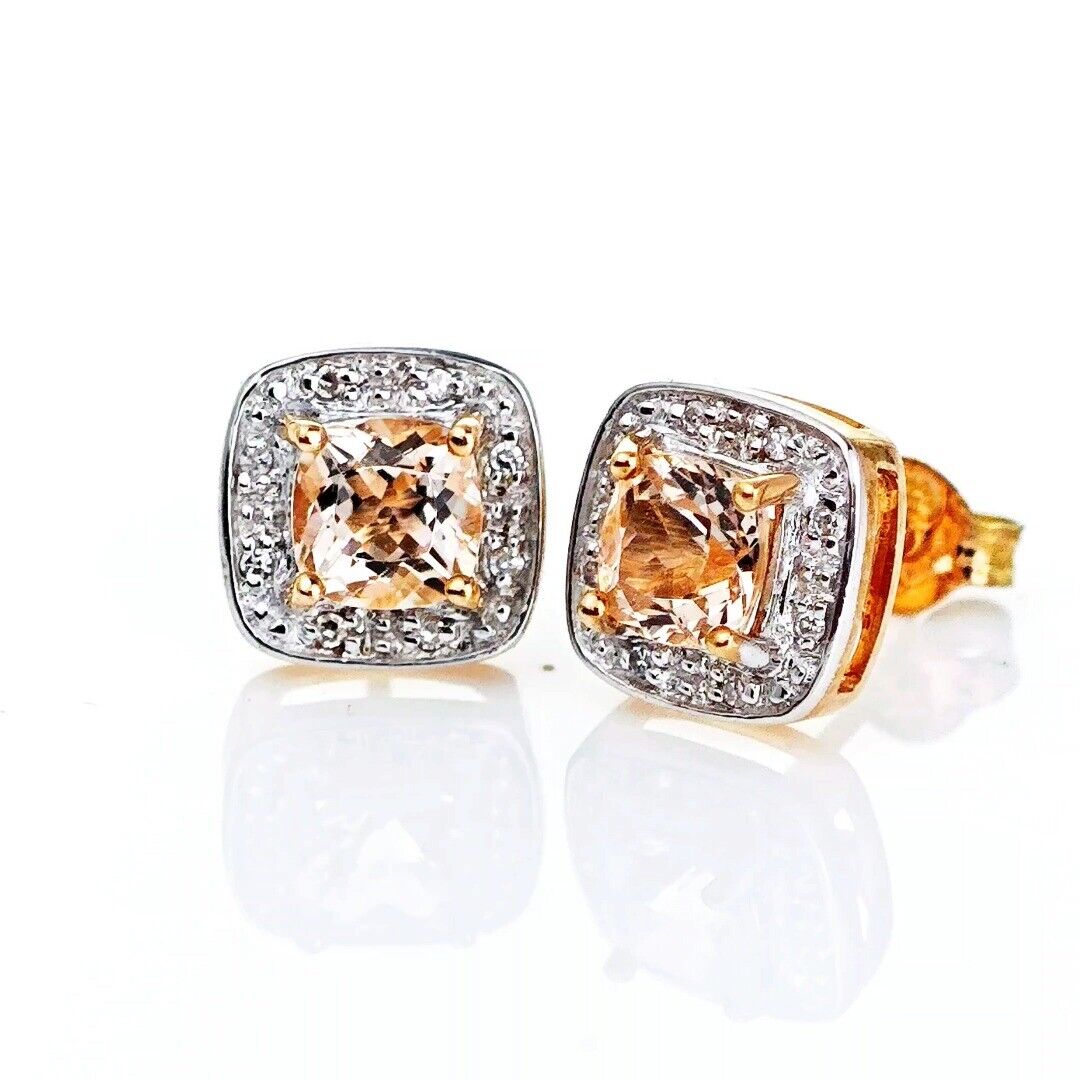 9ct Morganite Diamond Earrings Rose Gold Studs Natural Gemstones 1.62ct