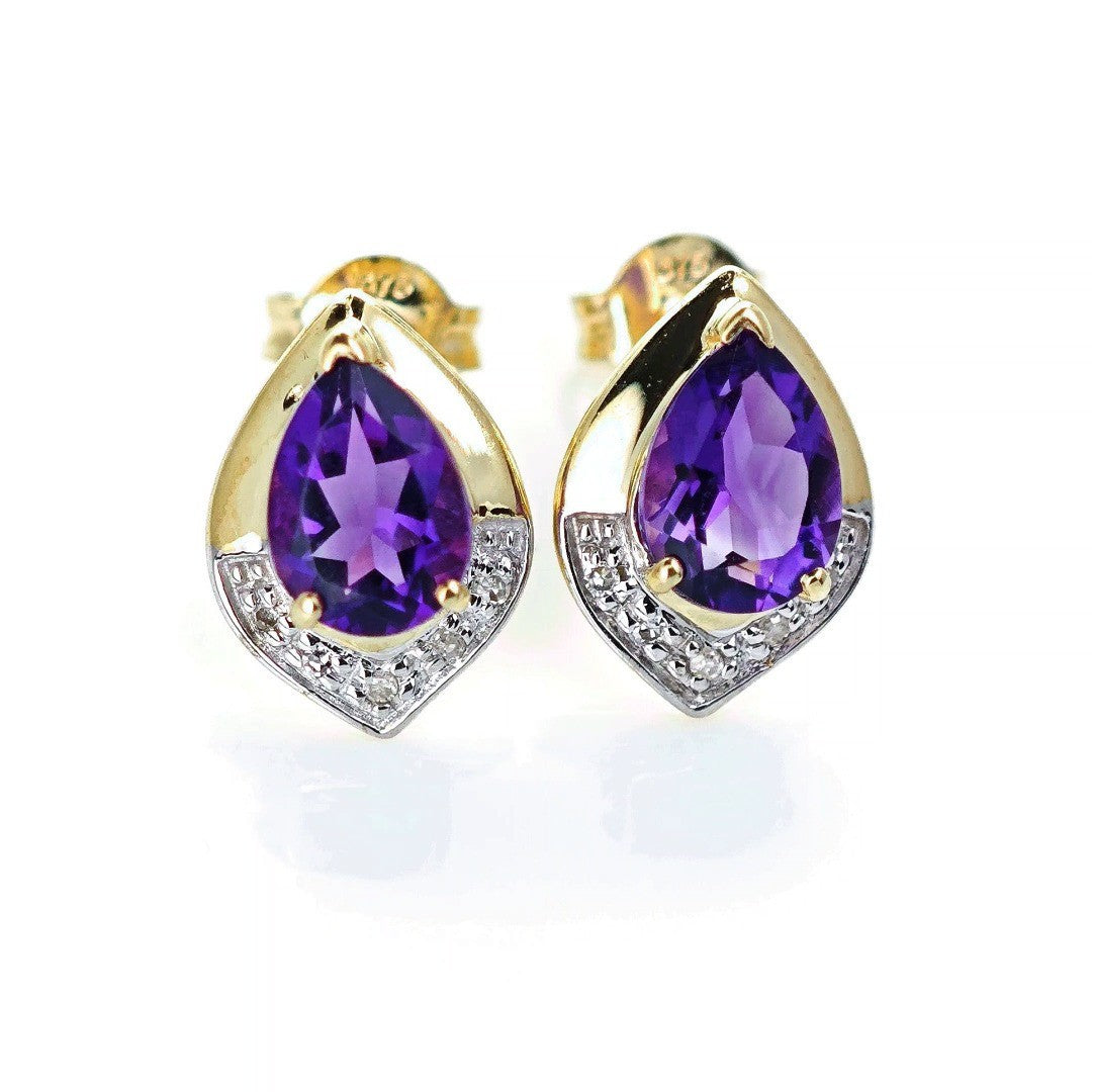 9ct Amethyst Diamond Earrings Gold Studs Natural Purple Gemstones 1.20ct