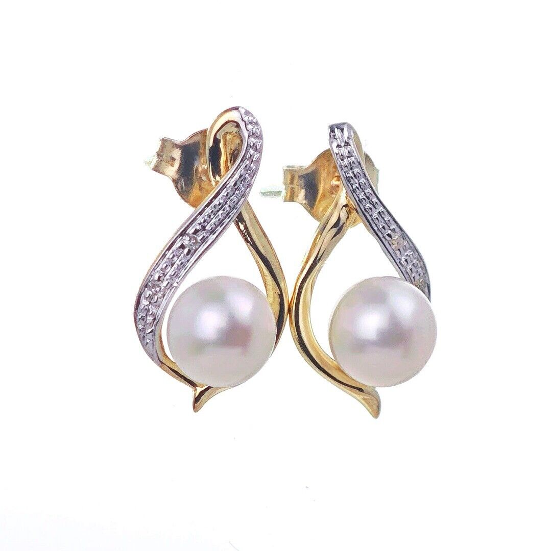 9ct Fresh Water Pearl Diamond Earrings Gold Studs Natural Gemstones