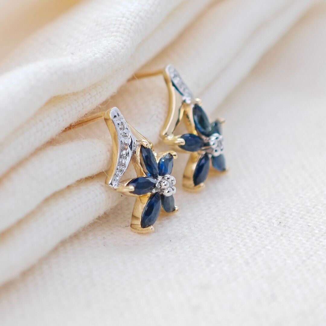 9ct Sapphire Diamond Earrings Gold Studs Natural Blue Gemstones 0.86ct
