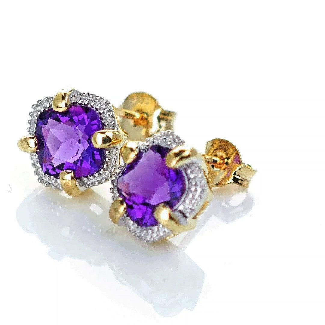 9ct Amethyst Earrings Gold Studs Natural Gemstones 1.73ct