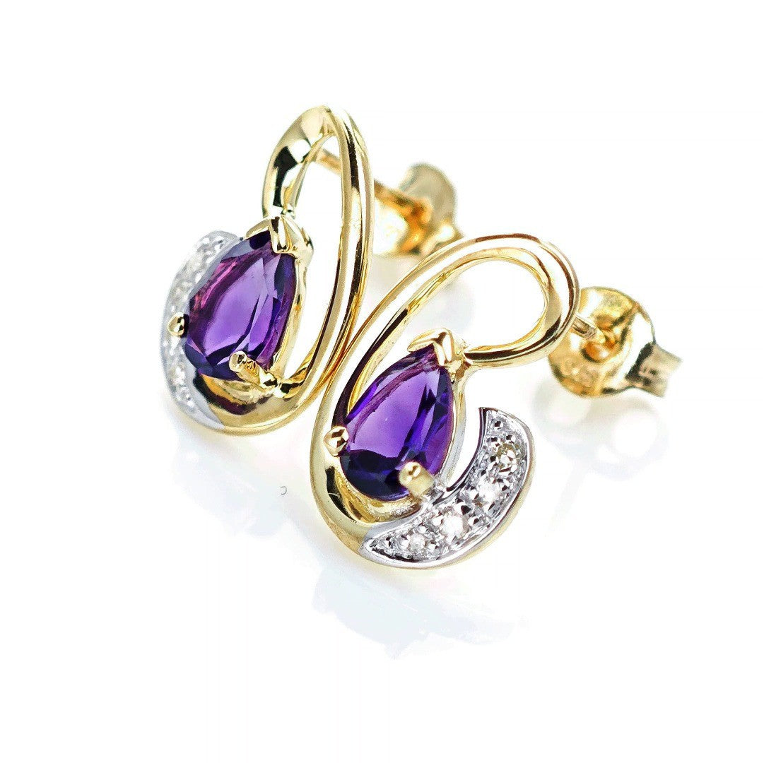 9ct Amethyst Diamond Earrings Gold Studs Natural Purple Gemstones 0.75ct