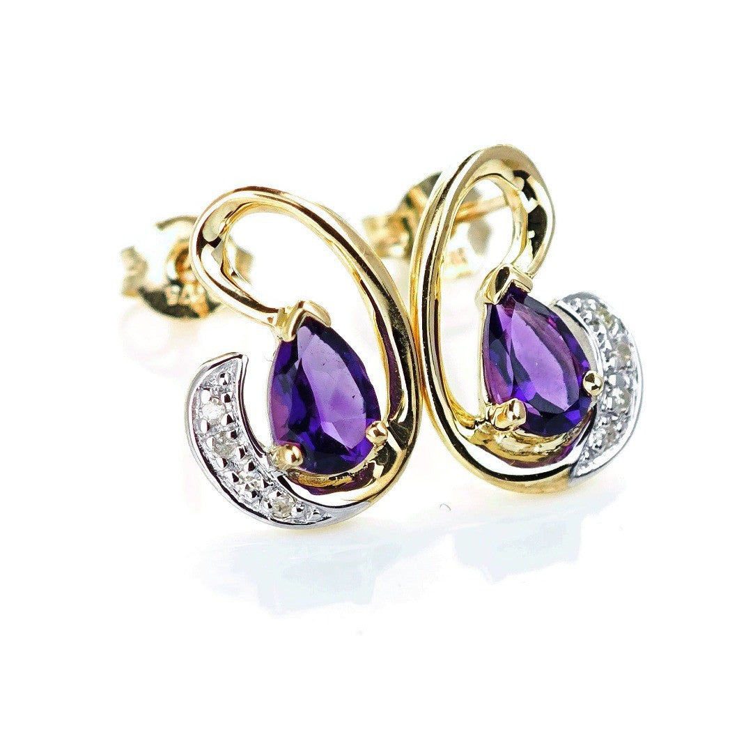 9ct Amethyst Diamond Earrings Gold Studs Natural Purple Gemstones 0.75ct