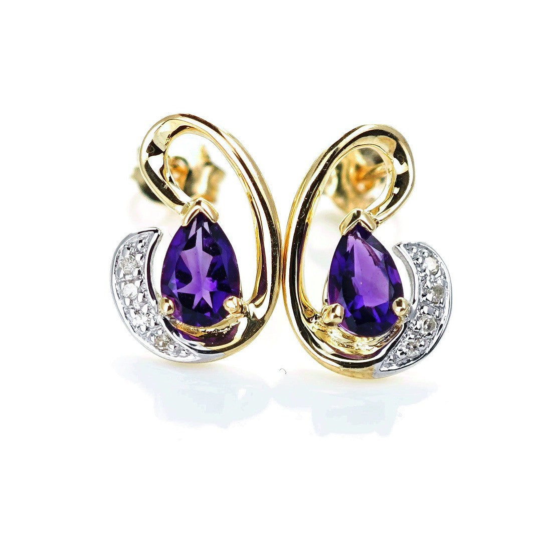9ct Amethyst Diamond Earrings Gold Studs Natural Purple Gemstones 0.75ct