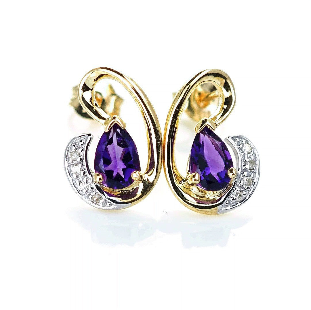 9ct Amethyst Diamond Earrings Gold Studs Natural Purple Gemstones 0.75ct